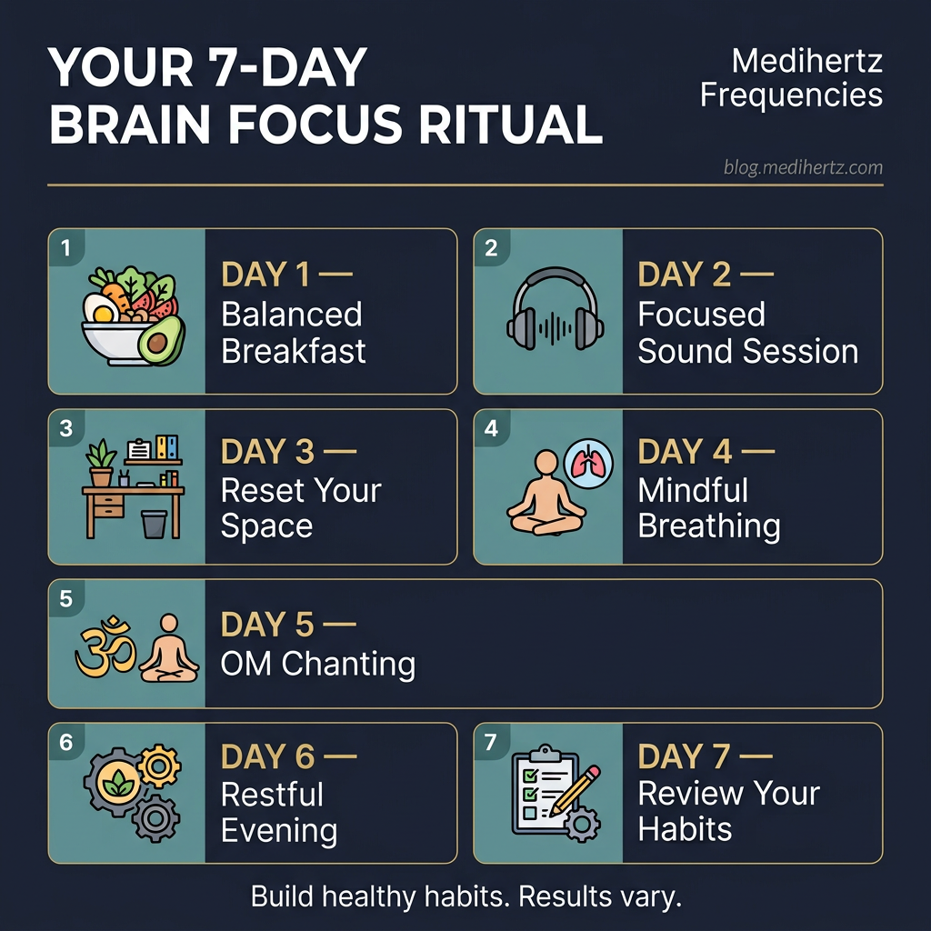 Seven-day brain focus routine checklist covering balanced breakfast, focused sound, a calmer space, mindful breathing, OM chanting, restful evenings and habit review.