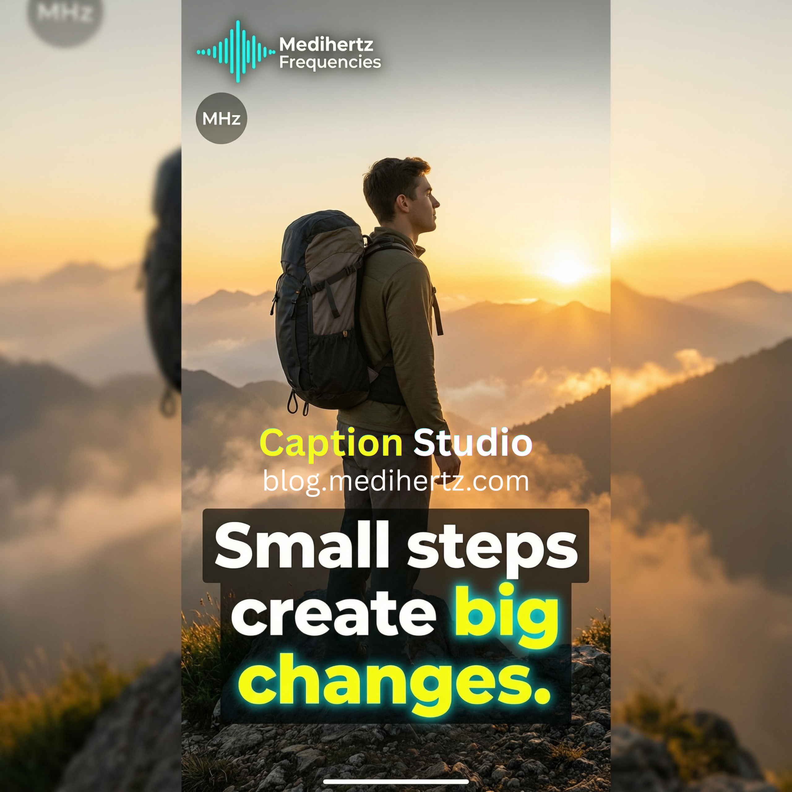 Medihertz Caption Studio showing a square captioned travel video created with an image background