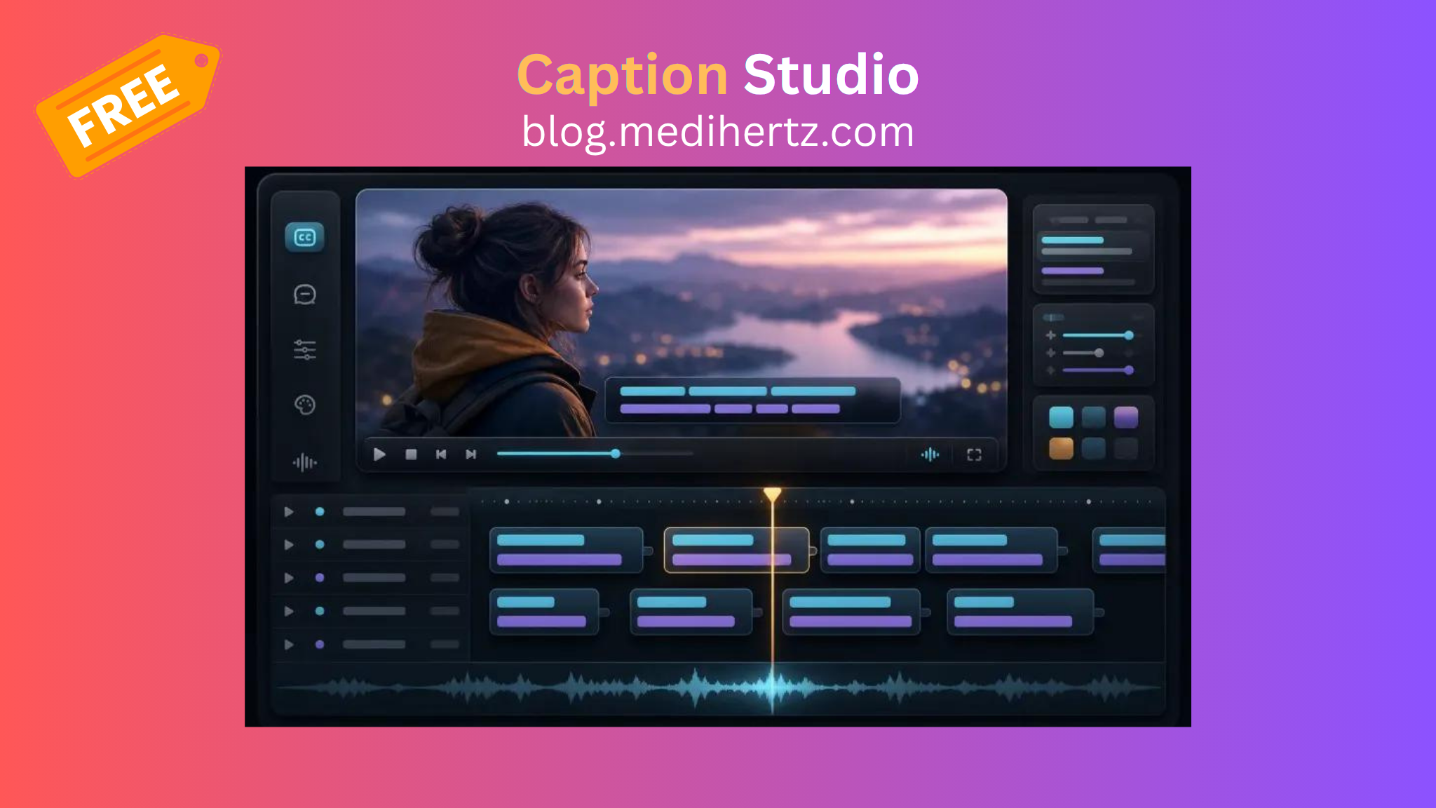Medihertz Caption Studio free online video caption editor showing styled subtitles on a travel video