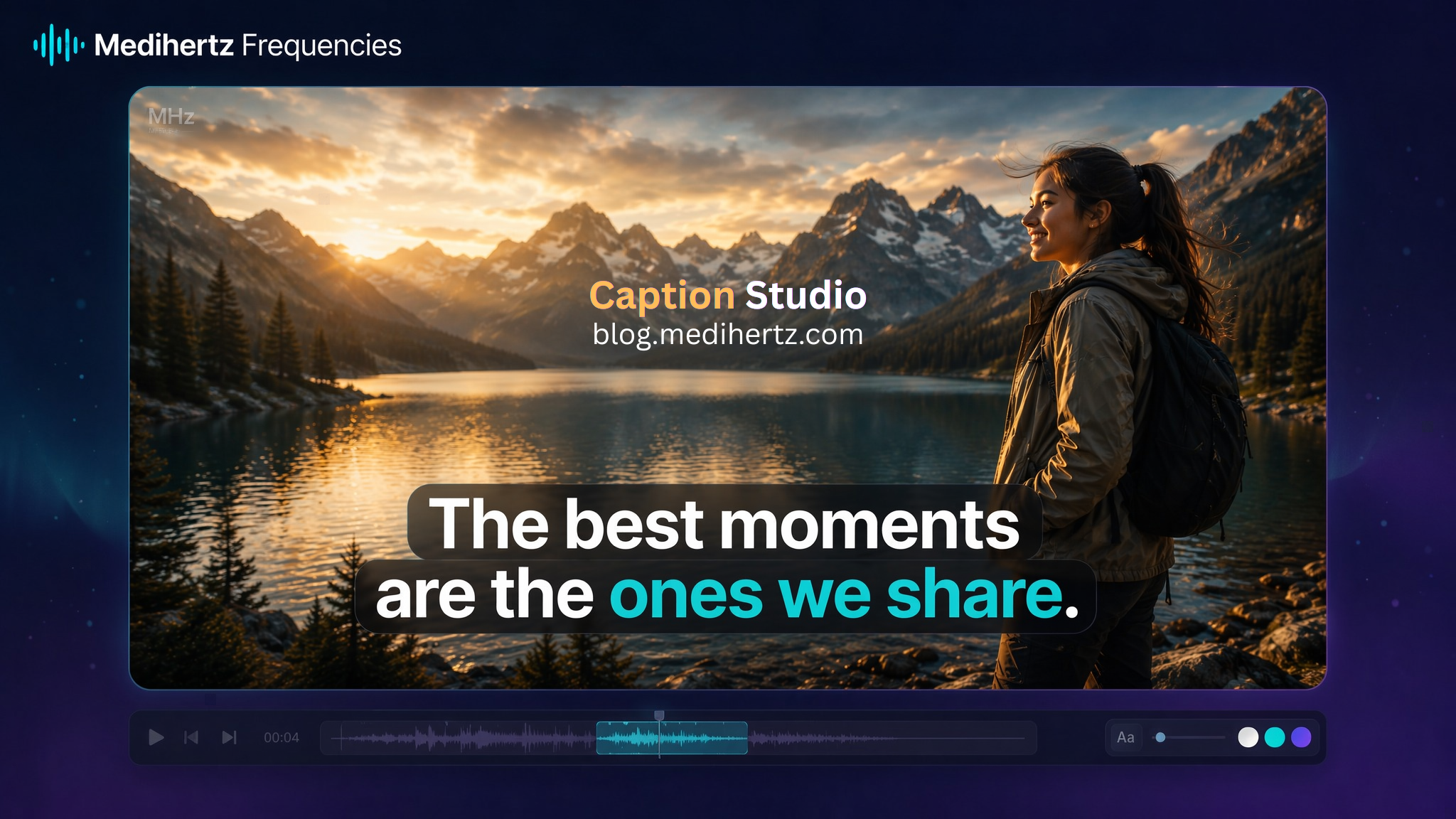 Medihertz Caption Studio free online video caption editor showing styled subtitles on a travel video
