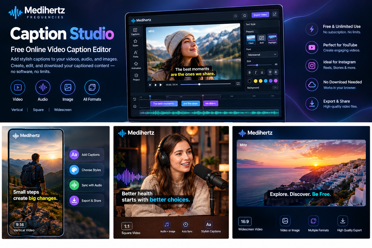 Medihertz Caption Studio free online video caption editor showing styled subtitles on a travel video