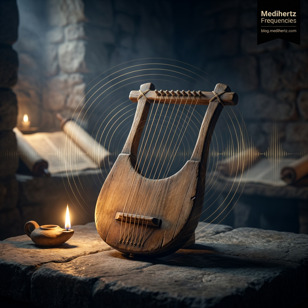 Ancient lyre surrounded by golden sound waves illustrating biblical prayer songs and musical scales