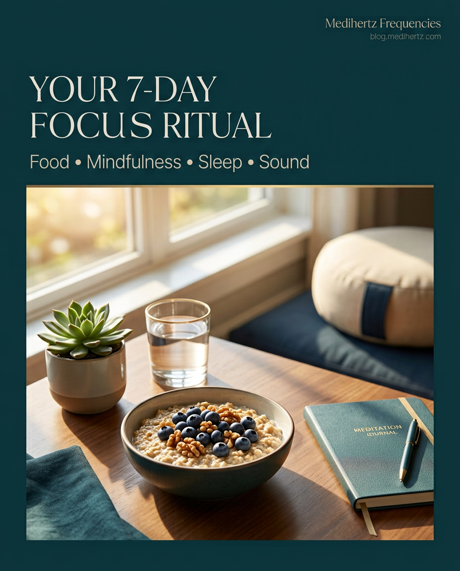 Healthy breakfast with oats, blueberries, walnuts and water beside a meditation journal in a morning wellness routine for focus and relaxation.