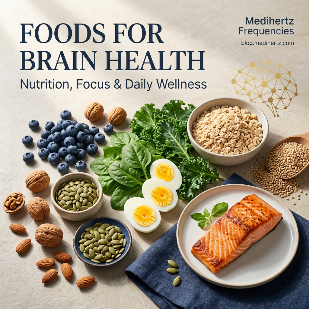 Brain-supportive foods including blueberries, walnuts, almonds, seeds, leafy greens, eggs and oats that provide nutrients for general brain health.