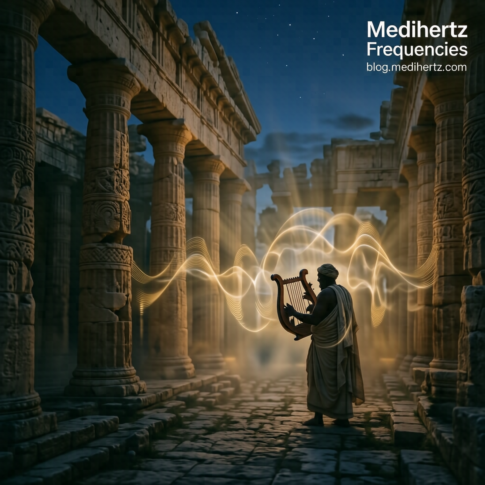 Ancient lyre surrounded by golden sound waves illustrating biblical prayer songs and musical scales