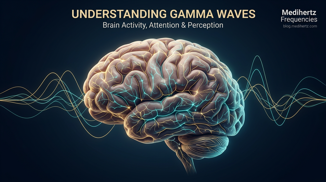 Scientific-style illustration of a human brain with glowing neural connections representing gamma brainwave activity associated with attention and information processing.