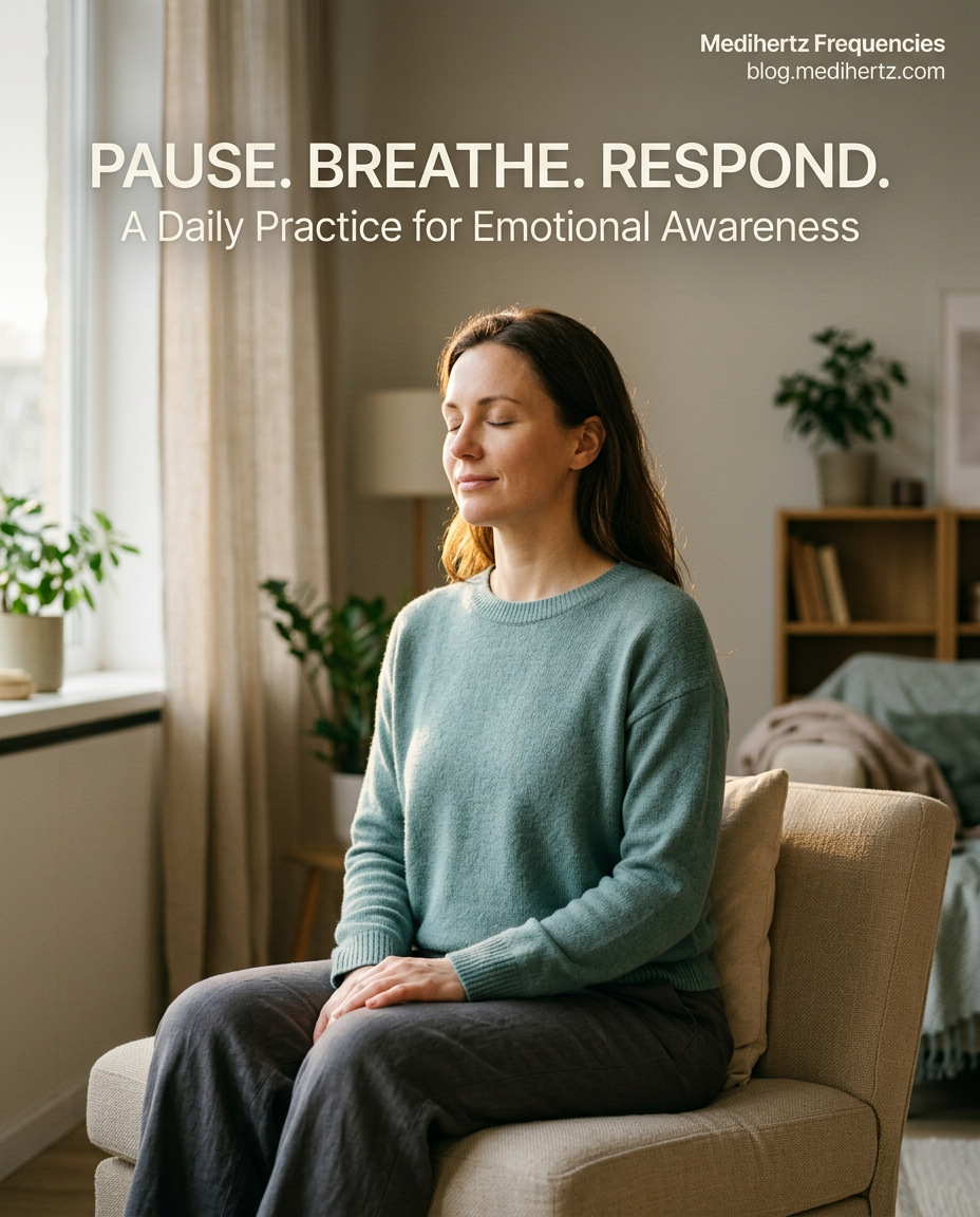 Person seated in meditation at sunrise with subtle sound-wave patterns, illustrating OM chanting and focused attention.