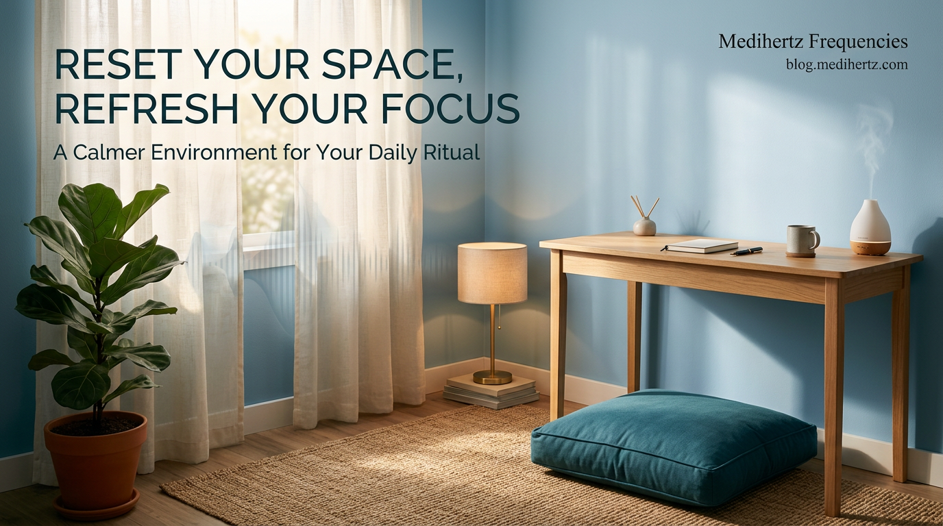 Adult practising gentle mindful breathing in a quiet room as part of an emotional-awareness and stress-management routine.