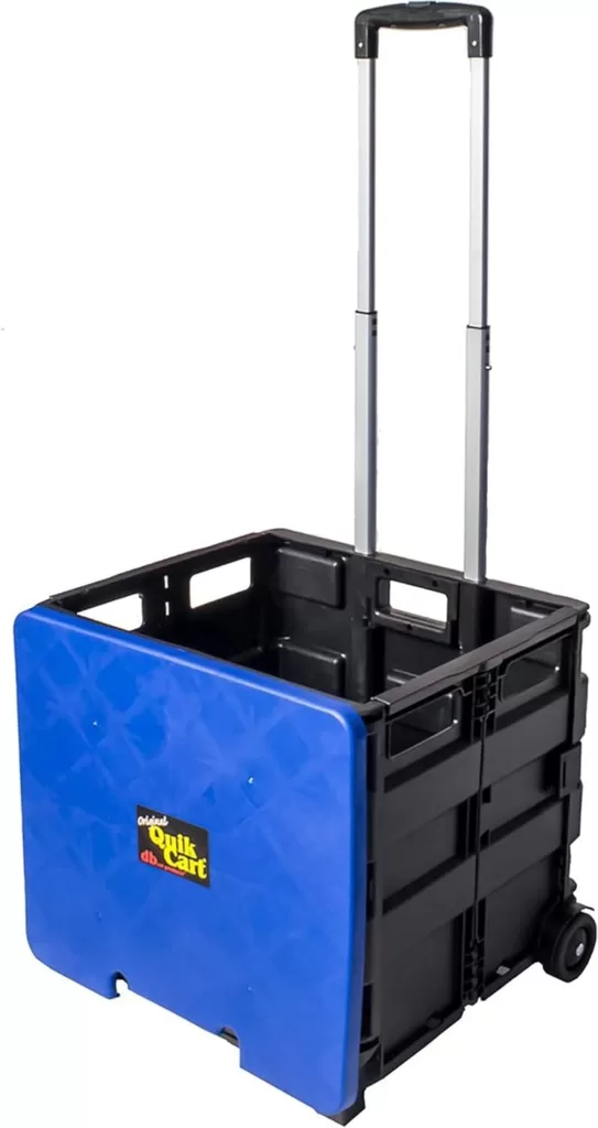 dbest products Quik Cart Collapsible Rolling Crate on Wheels for Teachers Tote Basket, 80 lbs Capacity, Blue Lid Made from Heavy Duty Plastic and used as a Seat