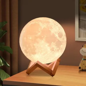 AED Moon Lamp for Bedroom Moon Night Light for Adults Kids Baby- Gifts for Girls Boys Women Men Remote Touch Control Wooden Stand 4.8 inch Small Size