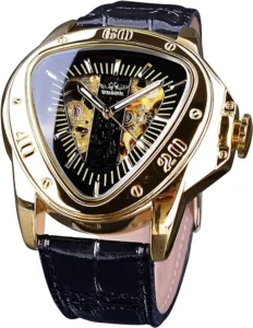 Winner Fashion Mechanical Wrist Watch Triangle Racing Dial, Waterproof Golden Skeleton Dial Automatic Movement Leather Design Mechanical Watch for Men