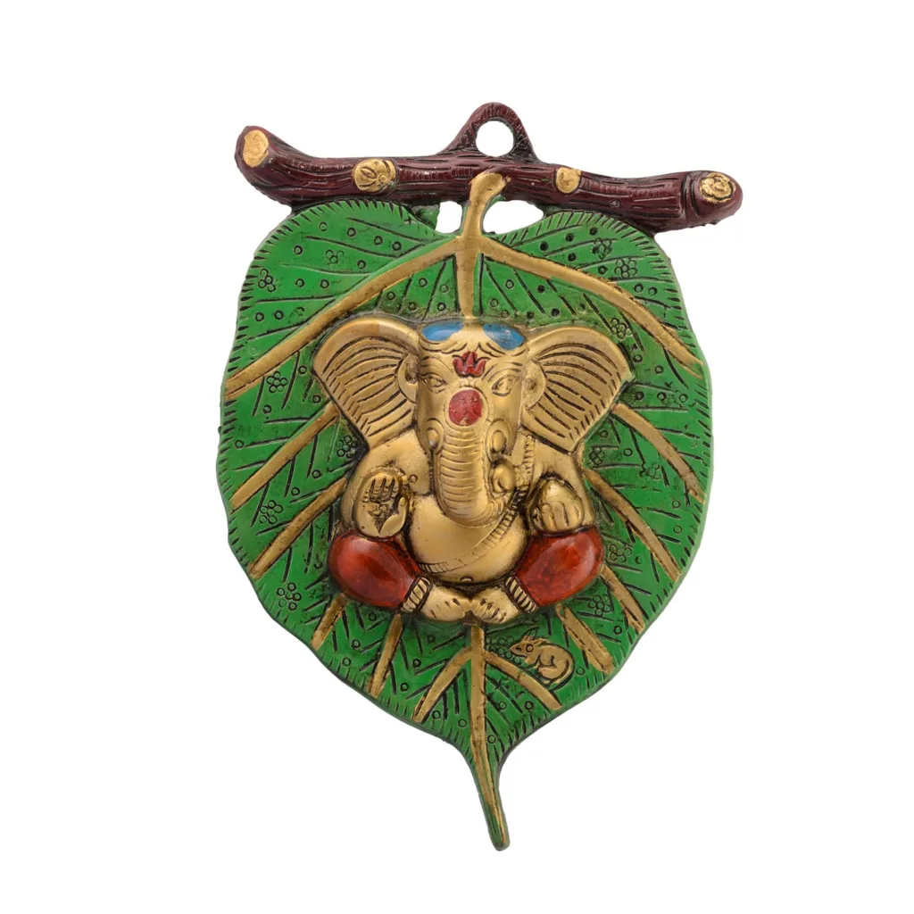 eCraftIndia Golden Metal Lord Ganesha in Red Dhoti on Green Leaf Wall Hanging Decorative showpiece for Home decor, Wall Decor, Pooja Room Temple &...