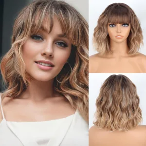 MISSQUEEN Short Blonde Wigs for Women Bob Brown Mixed Blonde Wavy Wig with Bangs Natural Synthetic Wavy Curly Highlight Blonde Wig for Halloween Daily(Brown...