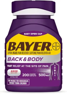 Bayer Extra Strength 500mg Aspirin Plus Caffeine for Powerful Pain Relief, 200 Coated Caplets