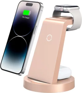 3 in 1 Charging Station for iPhone, Wireless Charger for iPhone 15 14 13 12 11 X Pro Max & Apple Watch - Charging Stand Dock for AirPods (Rose)