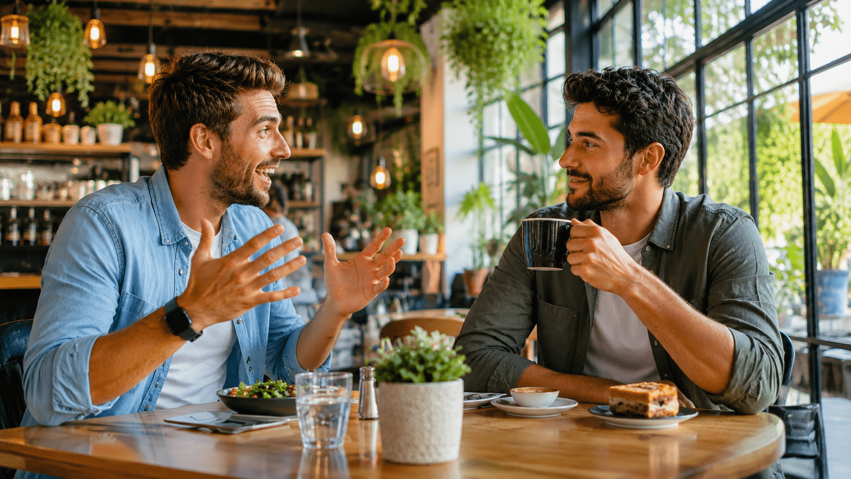 A calm man holding a coffee cup listens attentively while another person speaks enthusiastically in a bright café, representing active listening, emotional intelligence, peer pressure awareness, confidence, and mindful communication.
