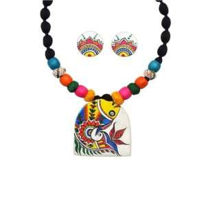 Karukala Synthetic Clay Fabric Madhubani Mithila Art Fish painting Fully Handcrafted Necklace and Ear Ring Jewellery sets For Women and Girls (Color Multi,Size:Free)