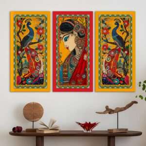 PAPER PLANE DESIGN Madhubani paintings for living room. Set of 3 canvas wrapped framed madhubani art for wall decor. 12 x 24 inch x 3 frames. (A)