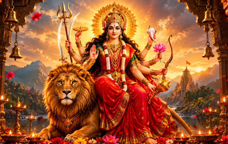 Goddess Durga in a red and gold sari holding a trident, facing a demon on a dramatic battlefield in a cinematic devotional scene for Durga Puja.