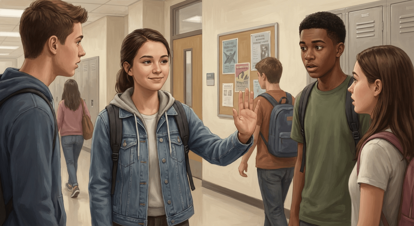 What Are 5 Ways to Say No to Peer Pressure? 81 πΌοΈ Image Prompt 4 β Positive vs Negative Peer Pressure (Comparison Visual) Use for: Explaining positive vs negative peer pressure Prompt: Split-scene illustration showing positive peer pressure on one side (friends encouraging study and sports) and negative peer pressure on the other (friends pushing risky behavior), clear contrast, school setting, realistic digital art, educational infographic style, neutral and balanced tones