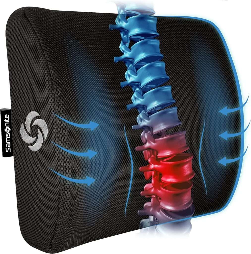 Samsonite Memory Foam Lumbar Support Pillow for Office Chair, Gaming Chair, or Automotive Use, Ergonomic Back Cushion, Office and Home Essentials for Sitting Comfort and Posture Relief Back Support