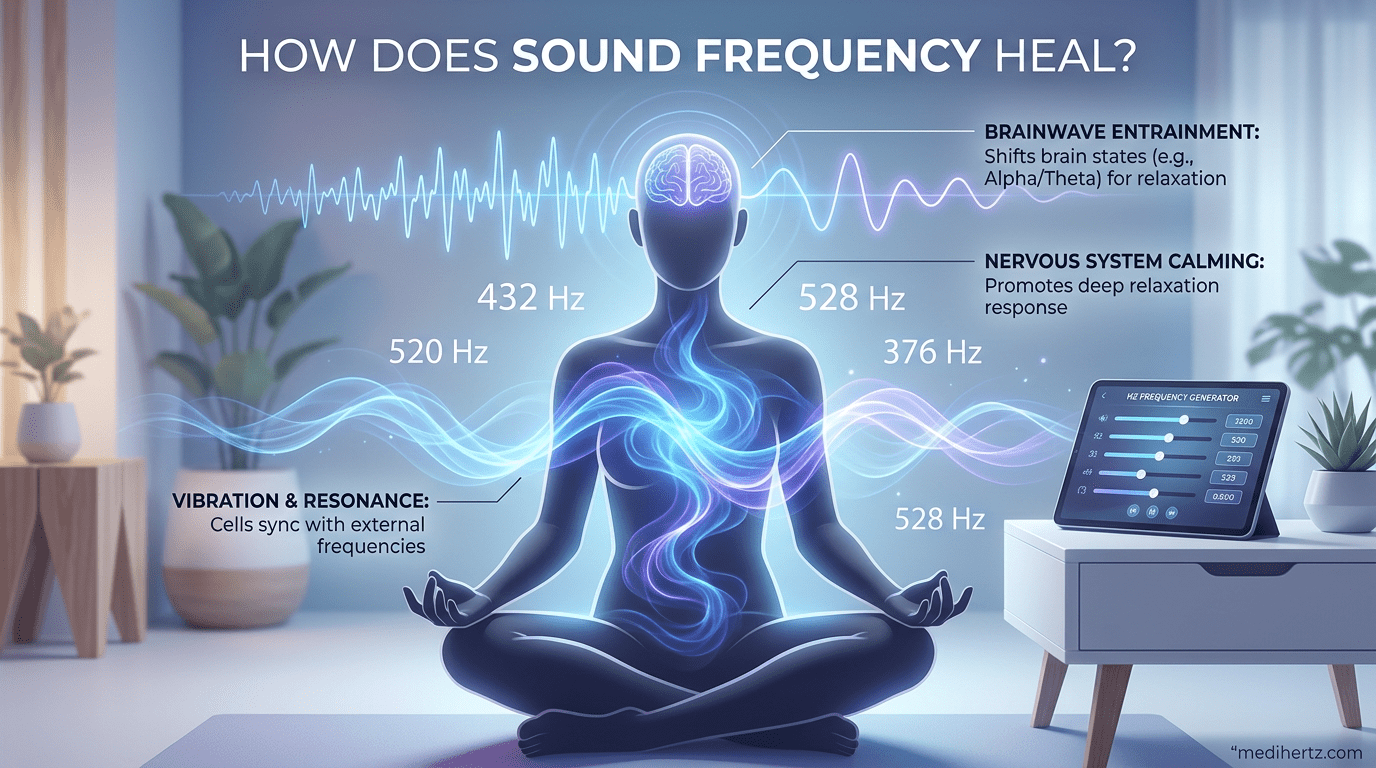 Sound frequency healing infographic explaining popular meditation frequencies like 432 Hz and 528 Hz using the Medihertz Hz frequency generator tool