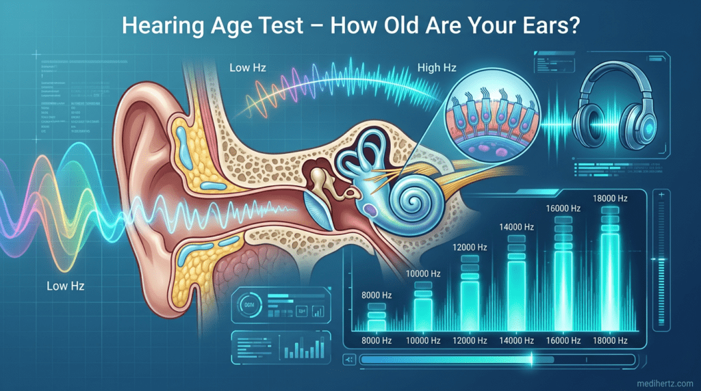 "Hearing Age Test infographic showing human hearing frequency range and ear protection tips – Medihertz"