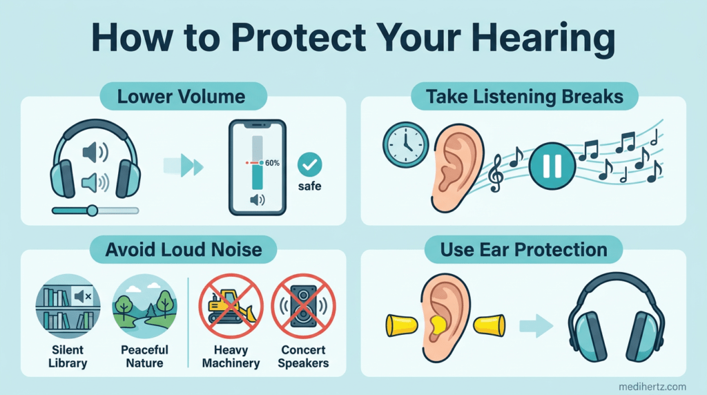 "Hearing Age Test infographic showing human hearing frequency range and ear protection tips – Medihertz"