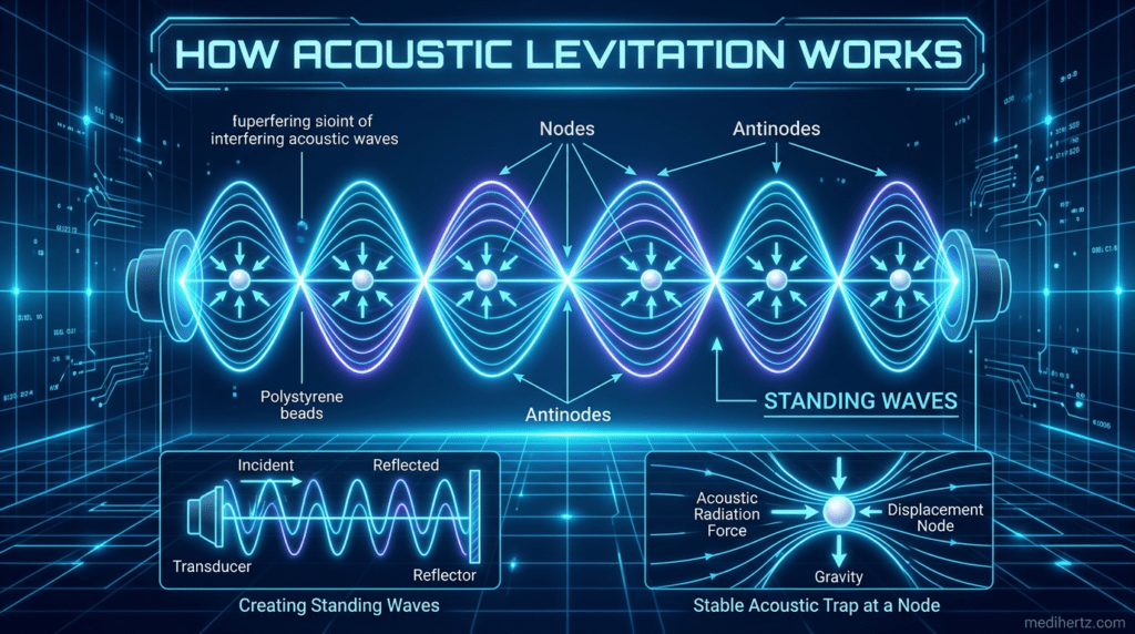 Acoustic levitation simulator infographic showing sound wave levitation, standing waves, ultrasonic frequency experiment and physics visualization – medihertz.com