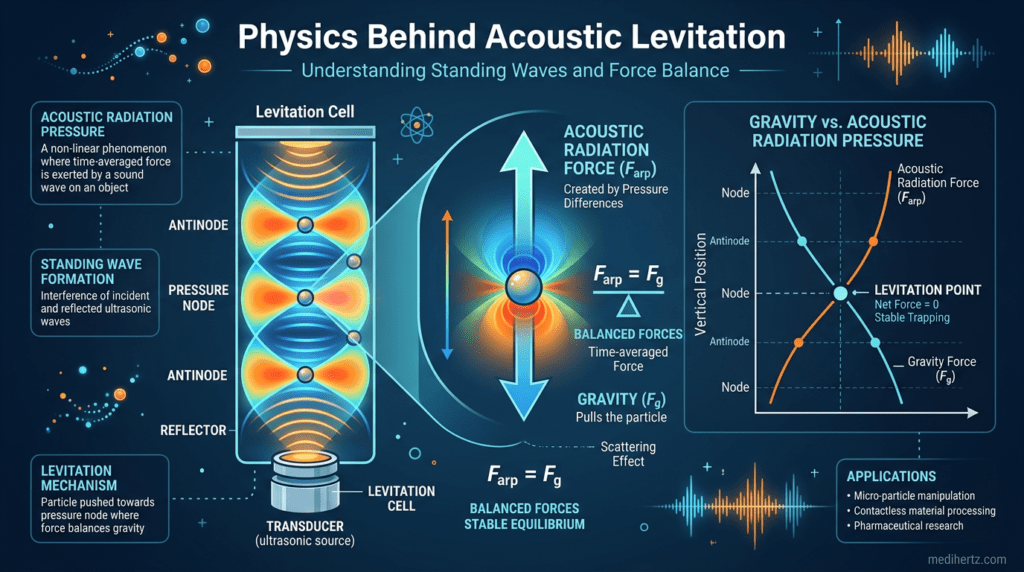 Acoustic levitation simulator infographic showing sound wave levitation, standing waves, ultrasonic frequency experiment and physics visualization – medihertz.com