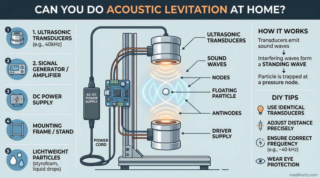 Acoustic levitation simulator infographic showing sound wave levitation, standing waves, ultrasonic frequency experiment and physics visualization – medihertz.com
