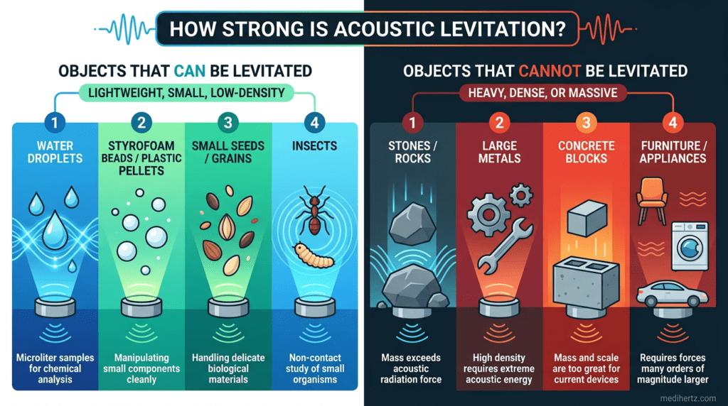 Acoustic levitation simulator infographic showing sound wave levitation, standing waves, ultrasonic frequency experiment and physics visualization – medihertz.com