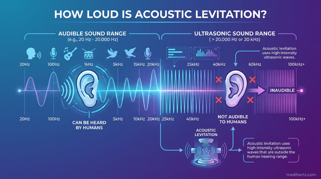 Acoustic levitation simulator infographic showing sound wave levitation, standing waves, ultrasonic frequency experiment and physics visualization – medihertz.com