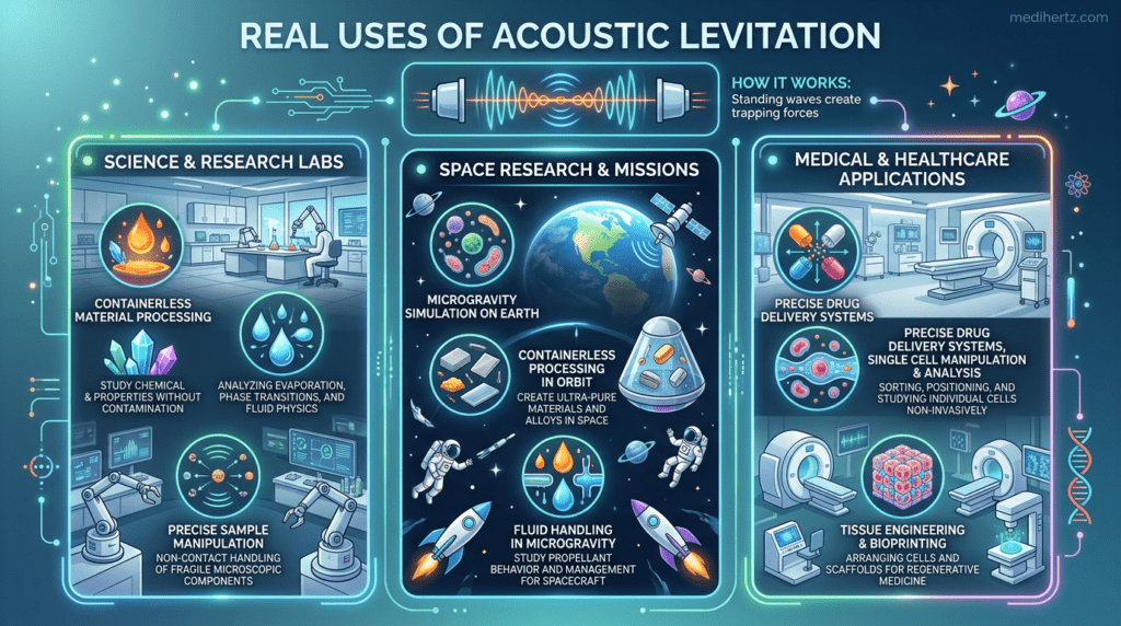 Acoustic levitation simulator infographic showing sound wave levitation, standing waves, ultrasonic frequency experiment and physics visualization – medihertz.com