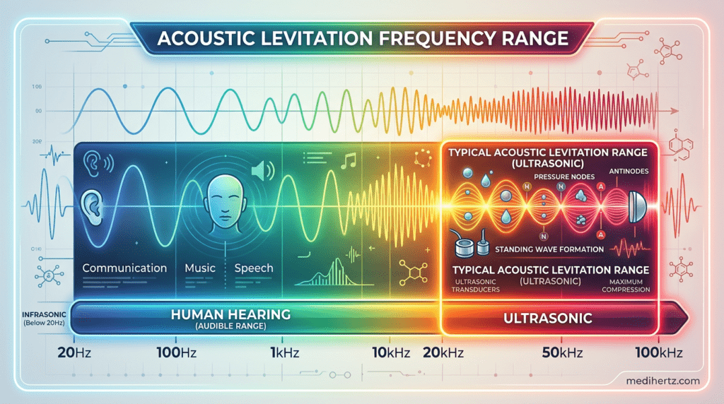 Acoustic levitation simulator infographic showing sound wave levitation, standing waves, ultrasonic frequency experiment and physics visualization – medihertz.com