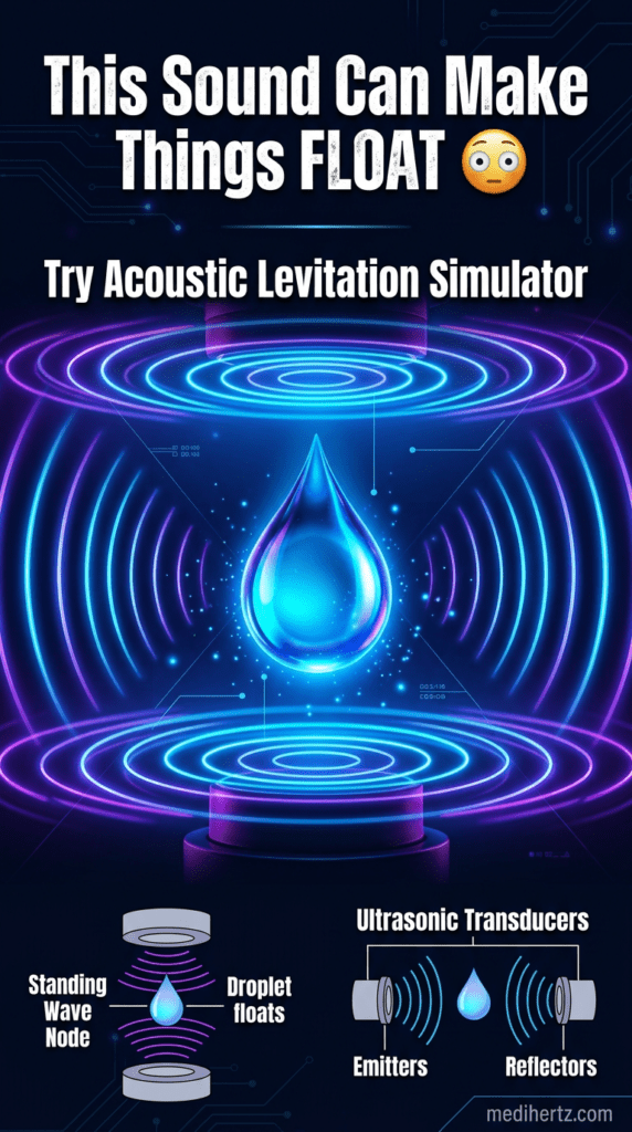 Acoustic levitation simulator infographic showing sound wave levitation, standing waves, ultrasonic frequency experiment and physics visualization – medihertz.com