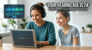 "Hearing Age Test infographic showing human hearing frequency range and ear protection tips – Medihertz"