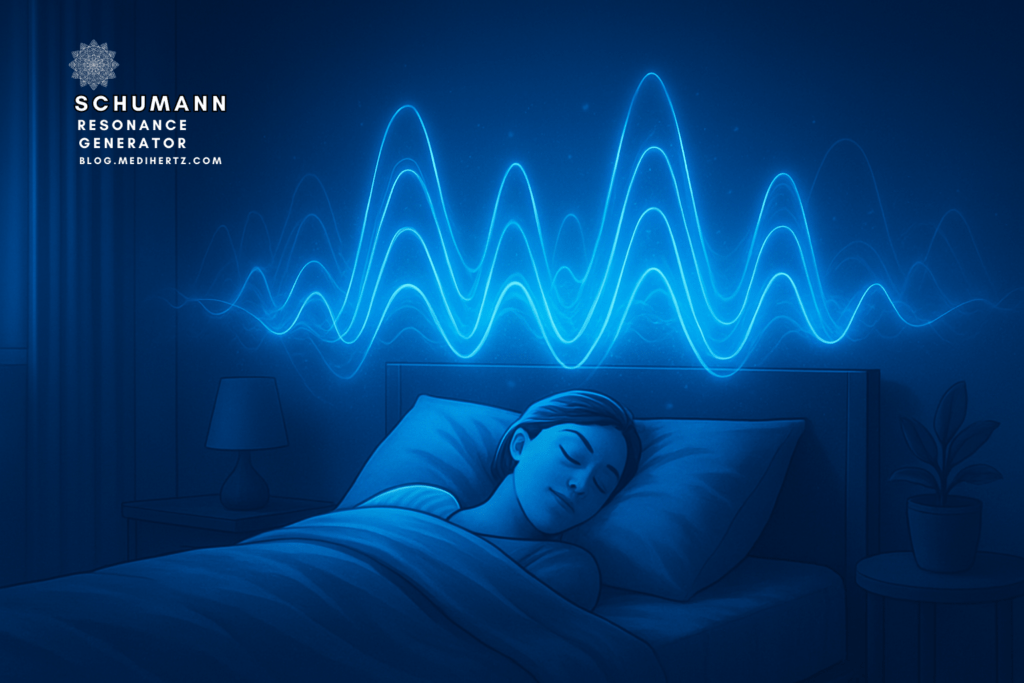 Schumann resonance generator 7.83 Hz earth frequency tool How to use a Schumann resonance generator for meditation Scientific diagram of Earth Schumann resonance waves