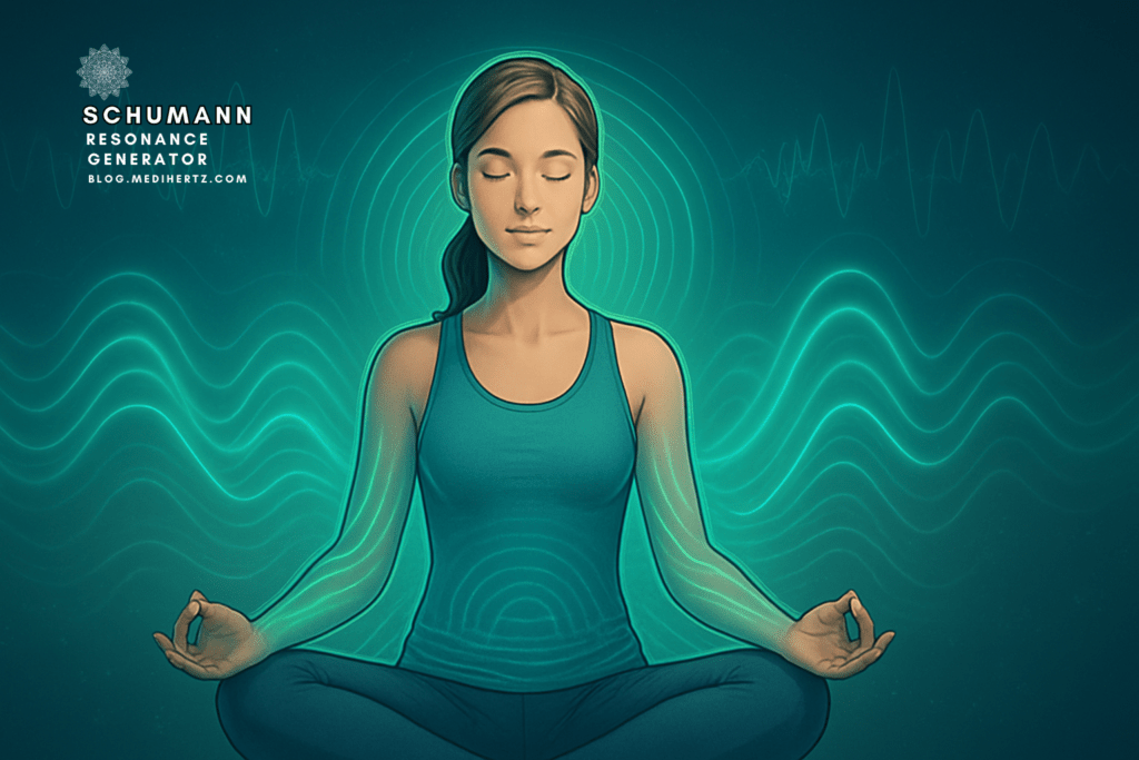 Schumann resonance generator 7.83 Hz earth frequency tool How to use a Schumann resonance generator for meditation Scientific diagram of Earth Schumann resonance waves