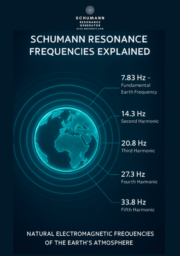 Schumann resonance generator 7.83 Hz earth frequency tool How to use a Schumann resonance generator for meditation Scientific diagram of Earth Schumann resonance waves