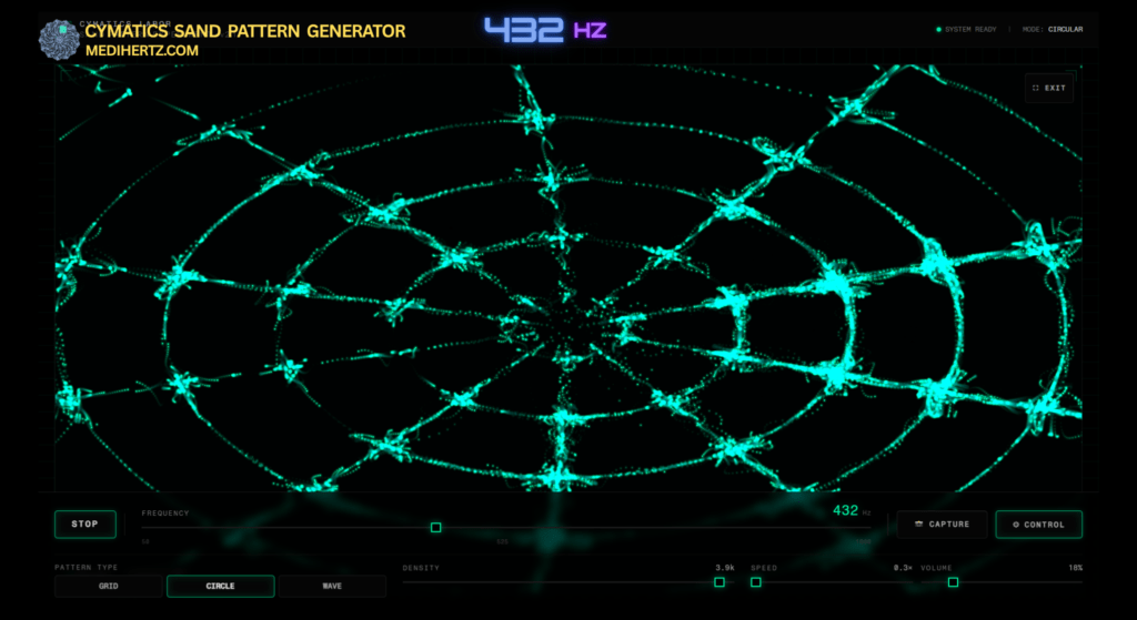 cymatics sand experiment patterns created by sound frequencies, cymatic pattern generator online, sound vibration experiment, cymatics visualization with sand