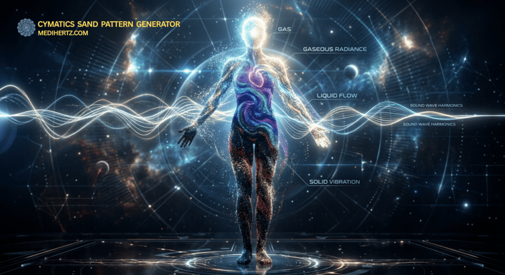 cymatics patterns generator displaying frequency-based sand patterns, sound wave experiment, cymatic frequencies visualization, cymatics science experiment