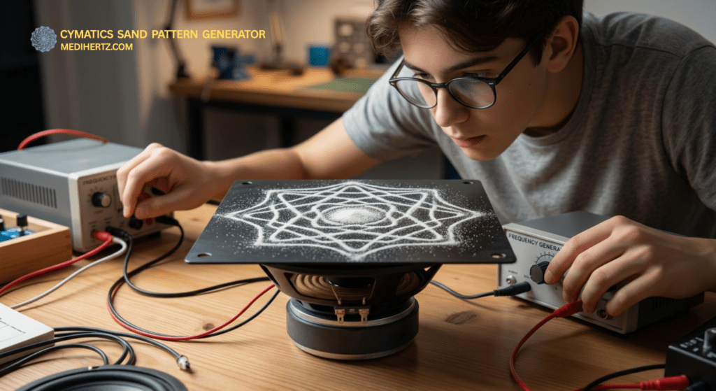 sound frequency experiment showing cymatic patterns in sand, cymatics patterns by frequency chart, vibration patterns visualization, cymatics experiment at home