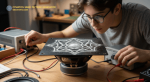 sound frequency experiment showing cymatic patterns in sand, cymatics patterns by frequency chart, vibration patterns visualization, cymatics experiment at home