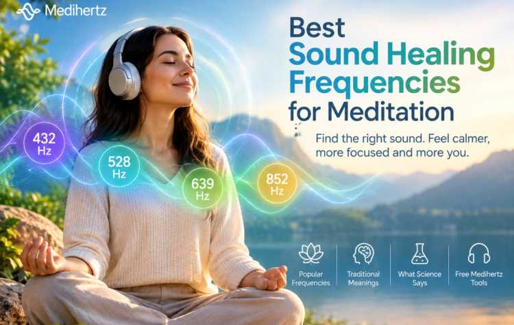 Woman meditating with headphones and colourful sound waves illustrating healing frequencies such as 432 Hz, 528 Hz and 639 Hz.