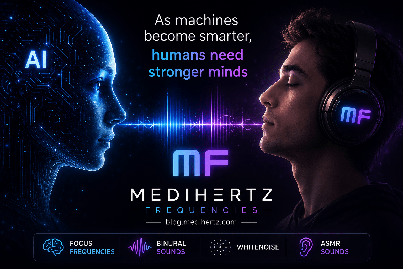 About Us 1 AI vs human cinematic poster for Medihertz Frequencies showing a futuristic artificial intelligence face opposite a calm human wearing MF logo headphones, listening to binaural beats and focus frequencies. Visual concept representing mental clarity, meditation, deep focus, ASMR sounds, white noise, sound therapy, mindfulness, human consciousness, AI era adaptation, brain optimization, emotional balance, futuristic wellness technology, and audio-based relaxation. Features the quote “As machines become smarter, humans need stronger minds” with glowing soundwave energy between AI and human connection. Medihertz Frequencies branding with blog.medihertz.com, focused on focus frequencies, binaural sounds, white noise, meditation audio, cognitive wellness, sleep sounds, and self-awareness in the age of AI.