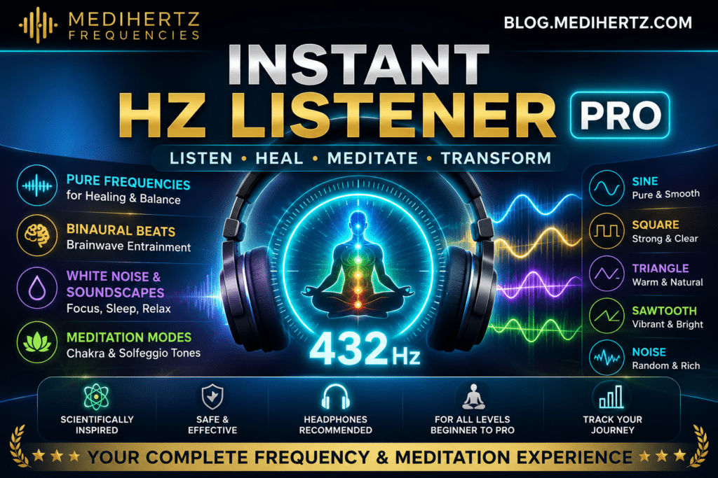 Medihertz Instant Hz Listener Pro featuring 432 Hz frequency meditation, binaural beats, chakra healing frequencies, sound therapy, white noise, brainwave entrainment, meditation soundscapes, and frequency generator visualization for relaxation, sleep, focus, and mindfulness.