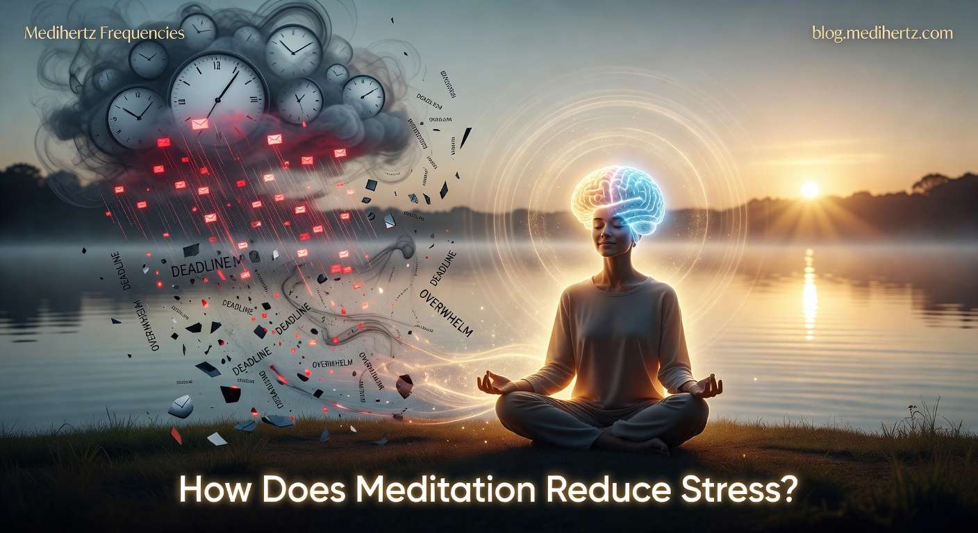 Meditation for stress relief showing mindfulness practice, chakra meditation, brainwave states, sound frequencies, OM chanting, relaxation techniques, anxiety reduction, focus improvement, spiritual meditation, and healing frequency tools by Medihertz Frequencies.