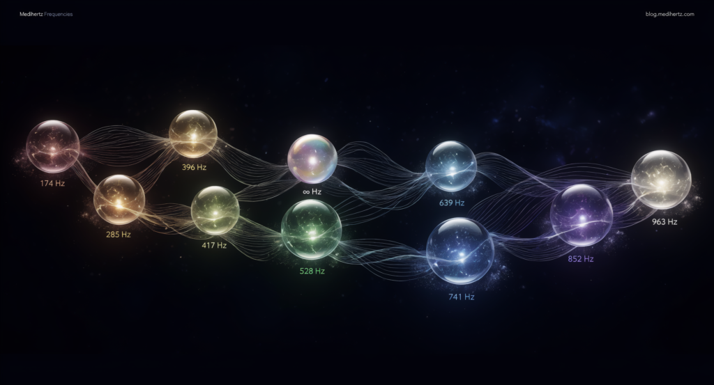 Solfeggio Frequency Hub live wallpaper displayed on a premium desktop workstation in a bright meditation-inspired office. Interactive frequency generator featuring 528 Hz healing frequency, meditation sounds, sleep music, focus enhancement, relaxation tones, sound therapy, wellness frequencies, cymatic patterns, and immersive 4K live wallpapers for PC. 6