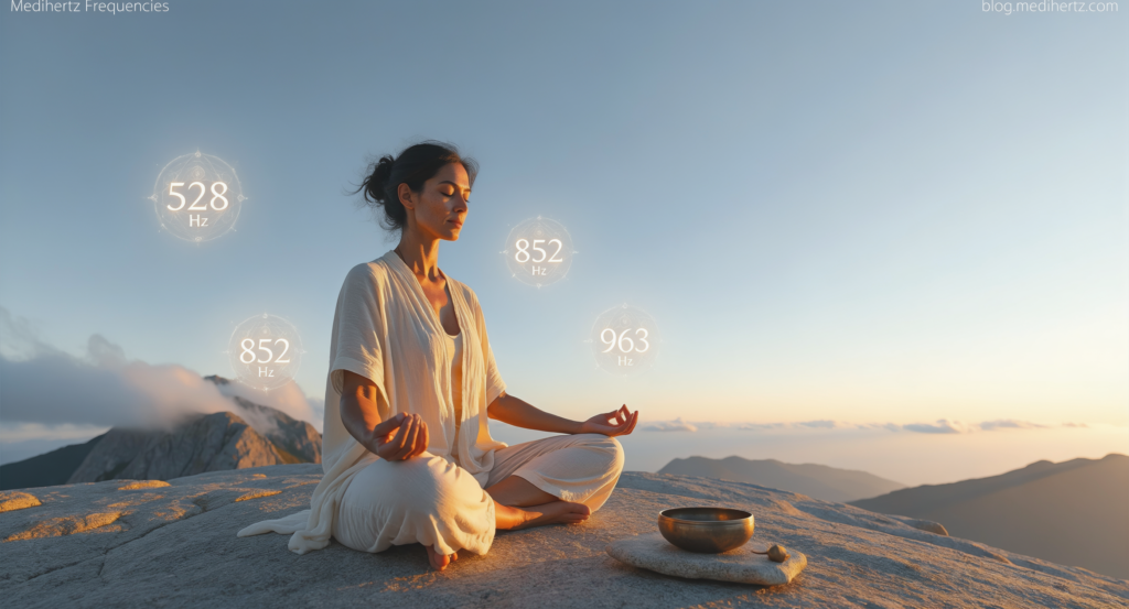 Solfeggio Frequency Hub live wallpaper displayed on a premium desktop workstation in a bright meditation-inspired office. Interactive frequency generator featuring 528 Hz healing frequency, meditation sounds, sleep music, focus enhancement, relaxation tones, sound therapy, wellness frequencies, cymatic patterns, and immersive 4K live wallpapers for PC. 11